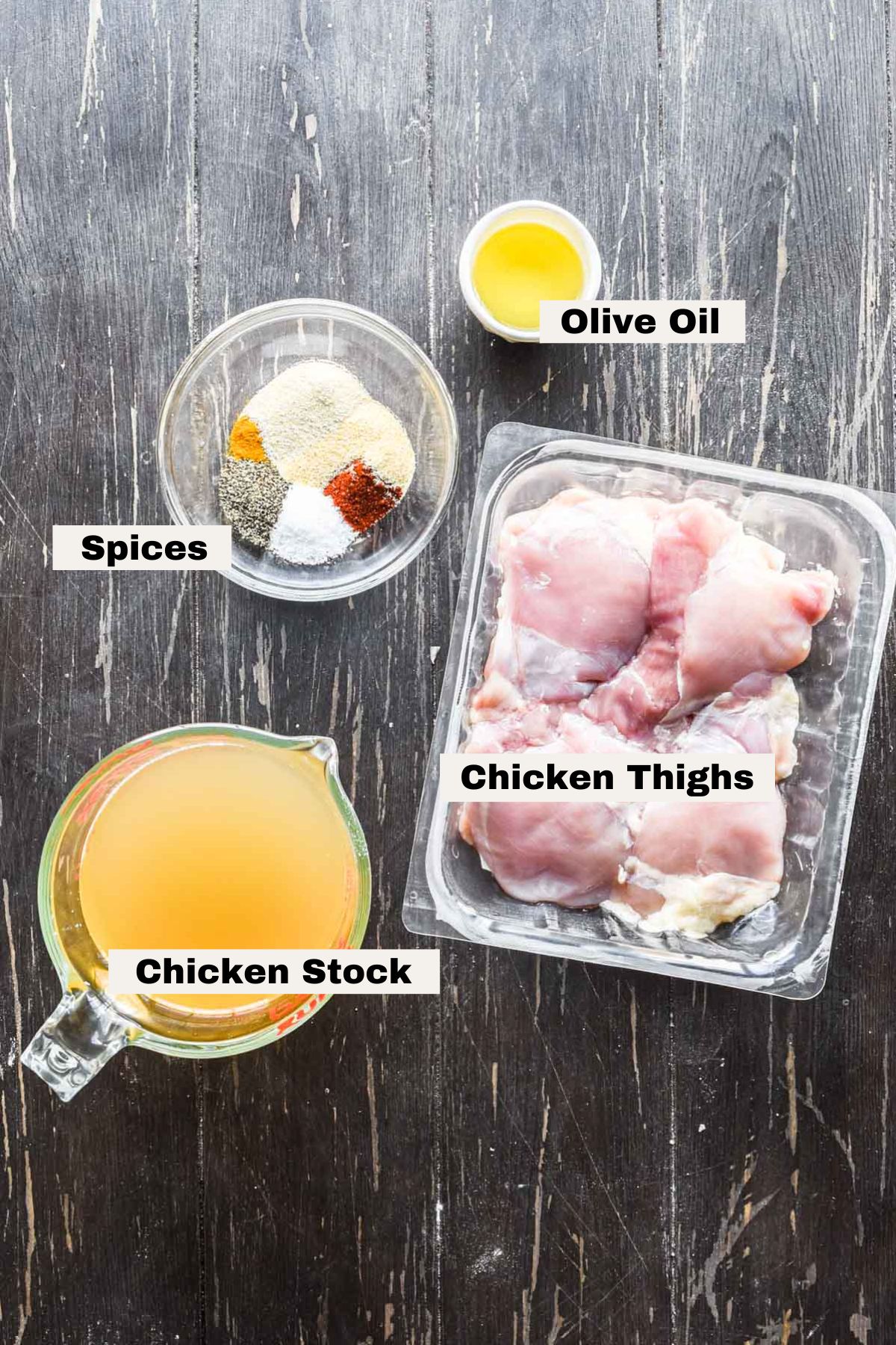 Ingredients for dutch oven shredded chicken on a table.