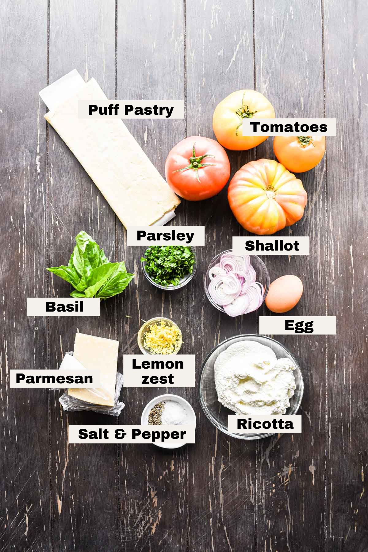 Ingredients for puff pastry tomato tart.