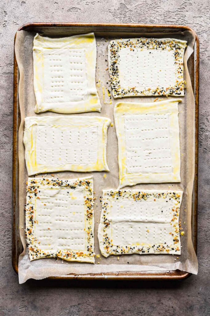 Puff pastry with egg wash and everything but the bagel seasoning.