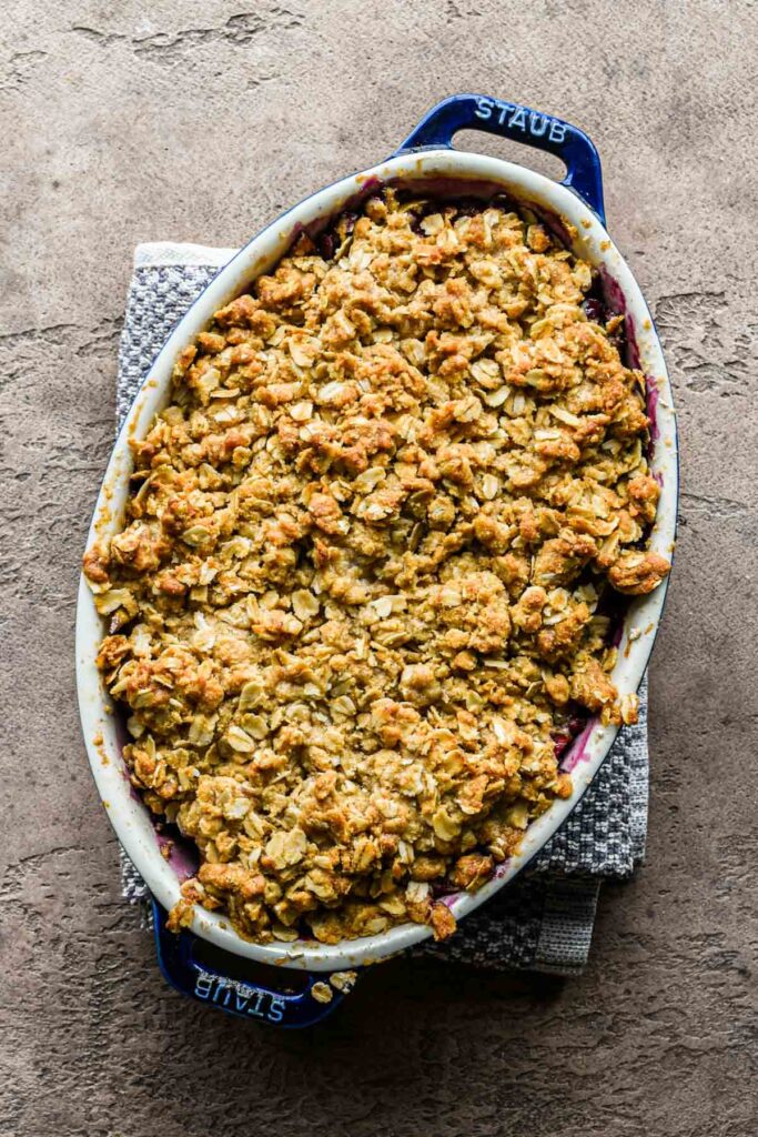 Crumble freshly baked in the baking dish with a golden brown top.