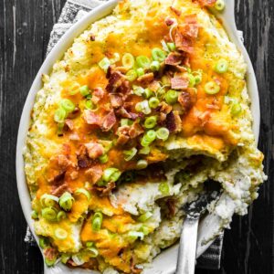 Close up image of spoon in potatoes.
