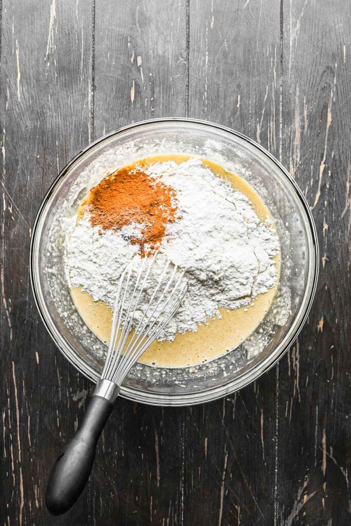 Adding flour, spices, and baking powder.