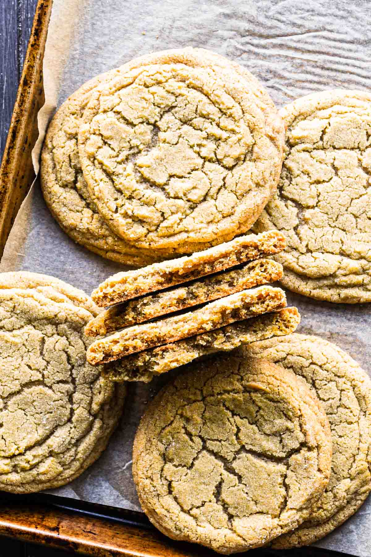Finished chewy ginger cookies without molasses broken in half.