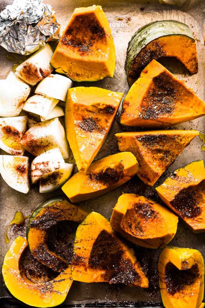 Squash, onion, and garlic pre-roasting.