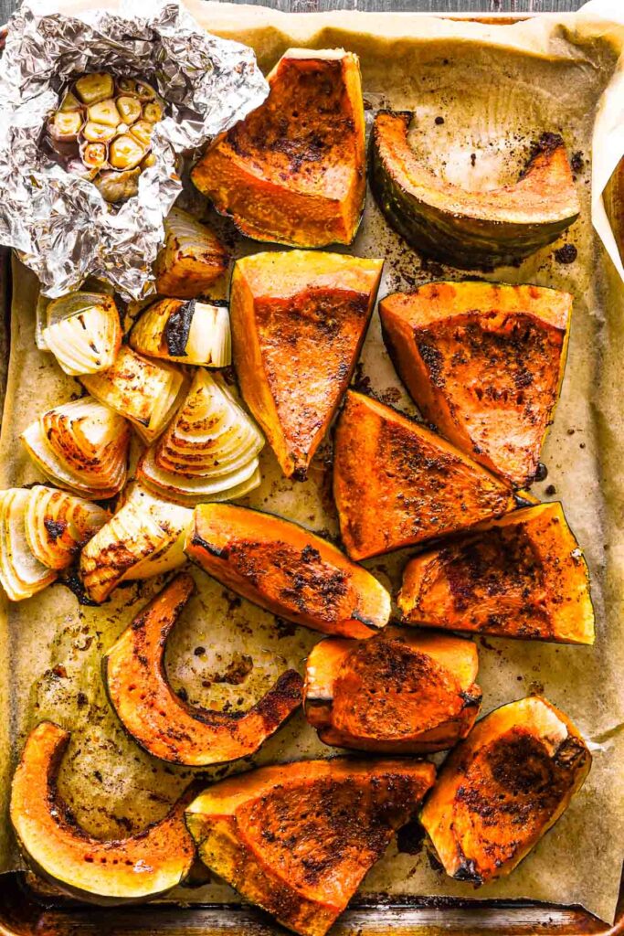 Roasted kabocha squash, onions, and garlic