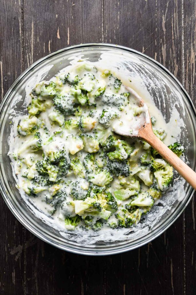 Broccoli, cheese sauce, shallots, garlic mixed together.