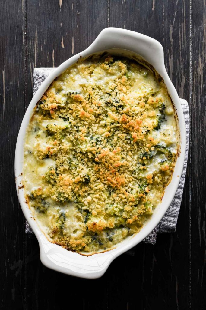 Freshly baked broccoli au gratin.