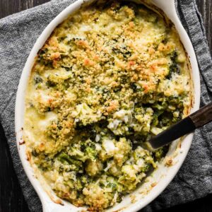 Close up of broccoli au gratin.