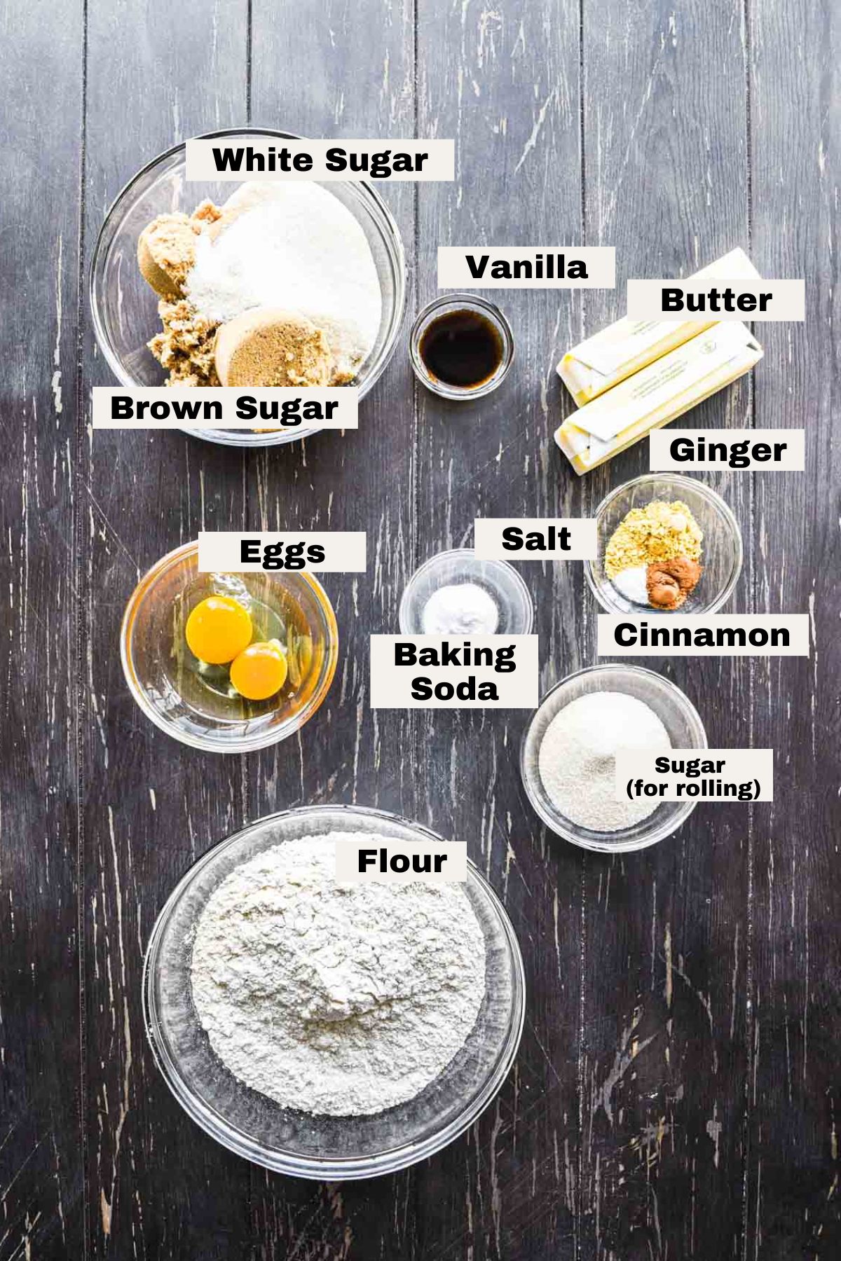 Ingredients for cookies on a table.