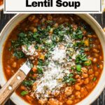 Close up image of turkey lentil soup in a bowl.