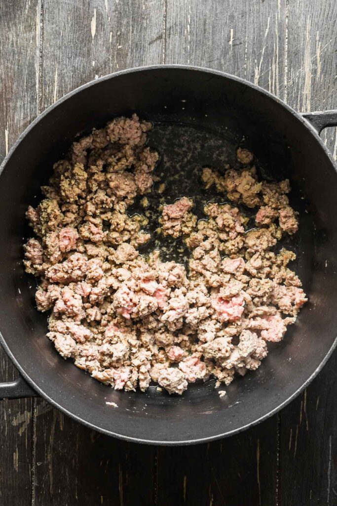 Ground turkey in a pot.
