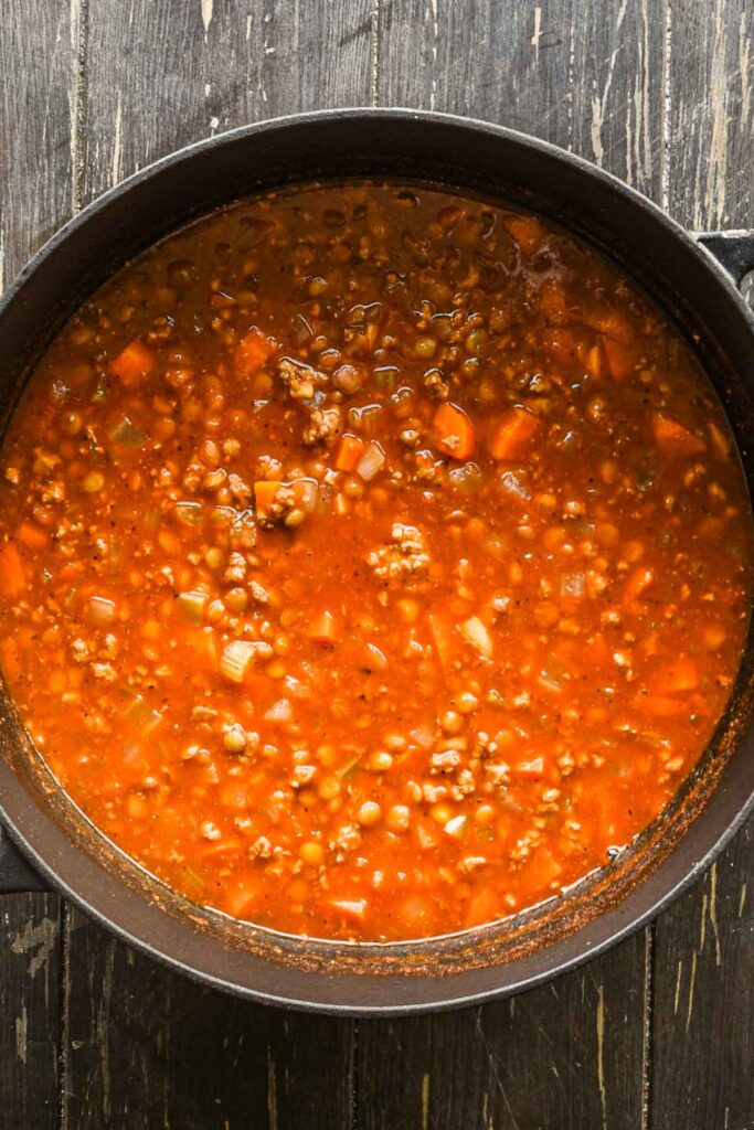 Cooked turkey lentil soup.