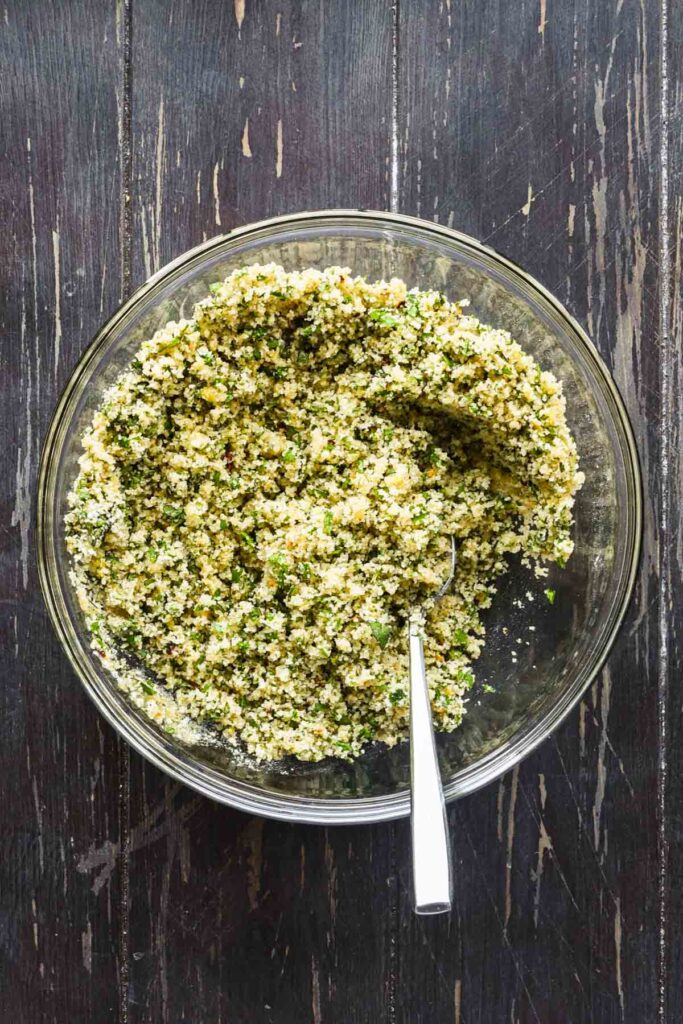 breadcrumb mixture in a bowl.