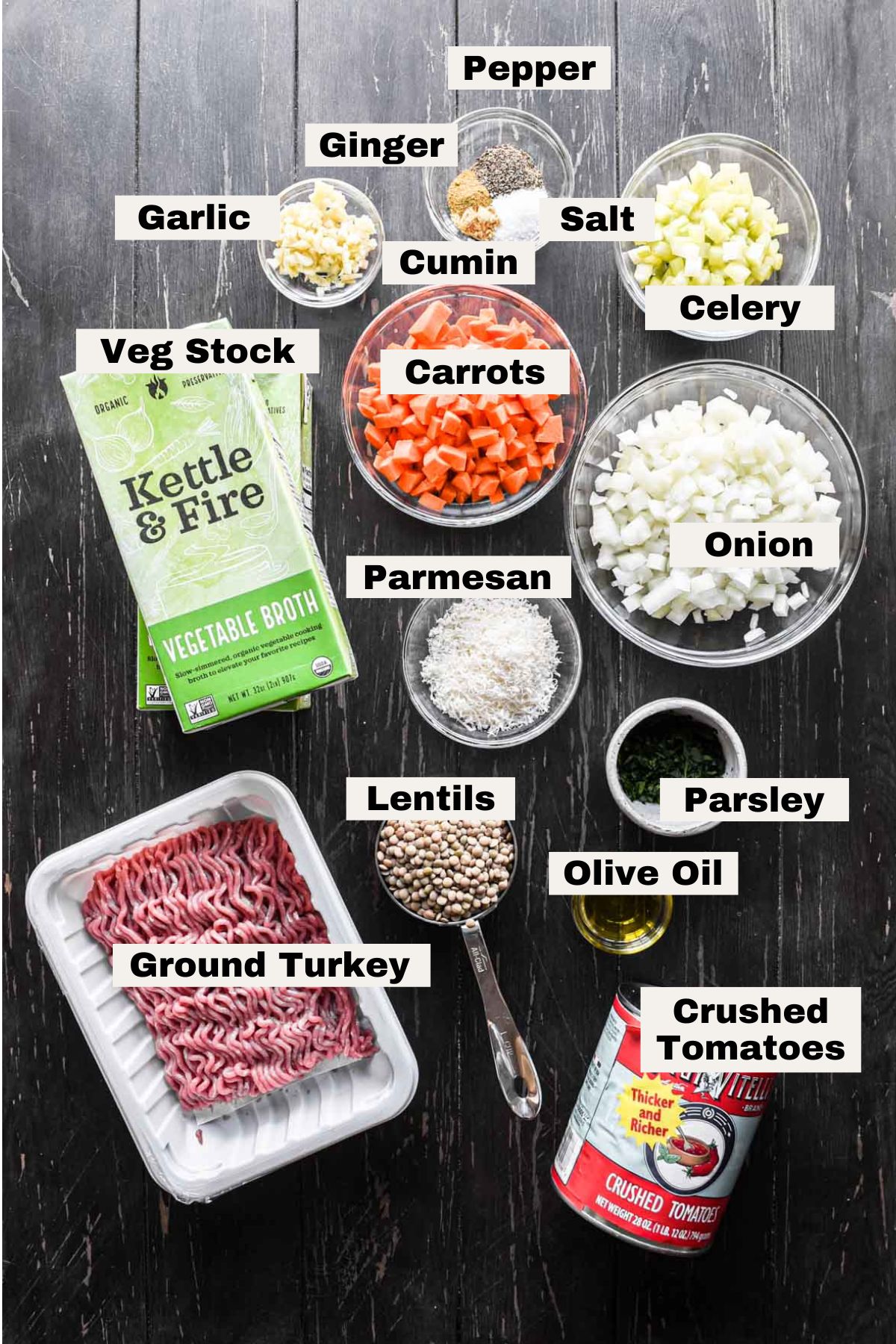 Ingredients on a table for turkey lentil soup.