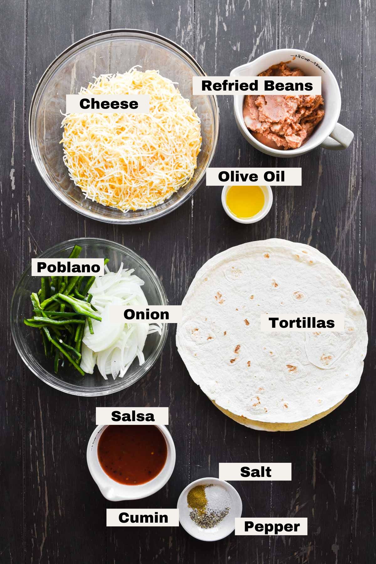 Ingredients for refried bean quesadillas.