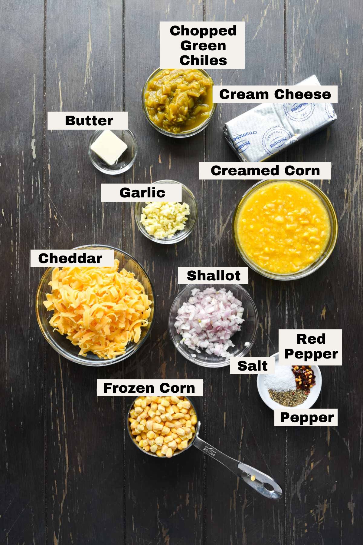 Ingredients on a table for creamed corn dip.