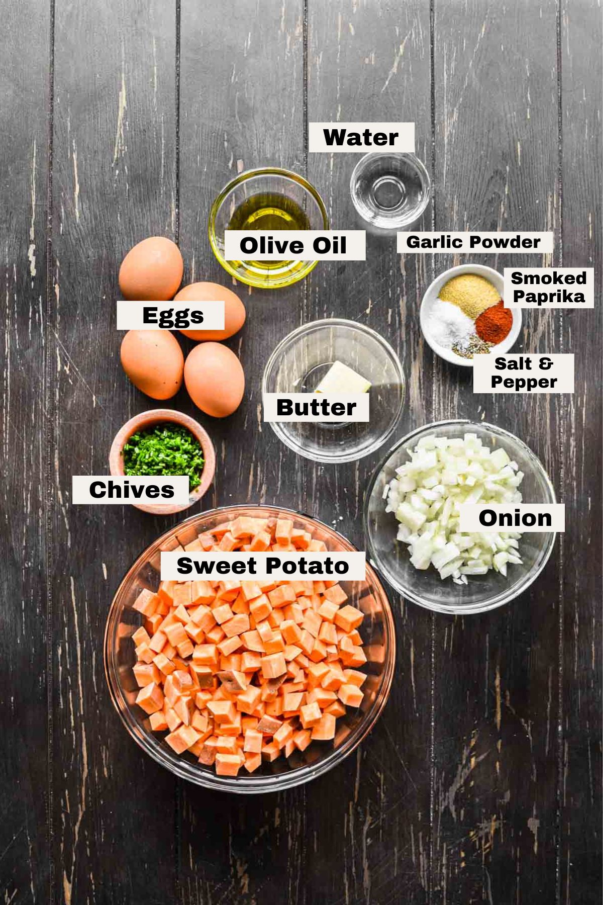 Ingredients for sweet potato egg hash.