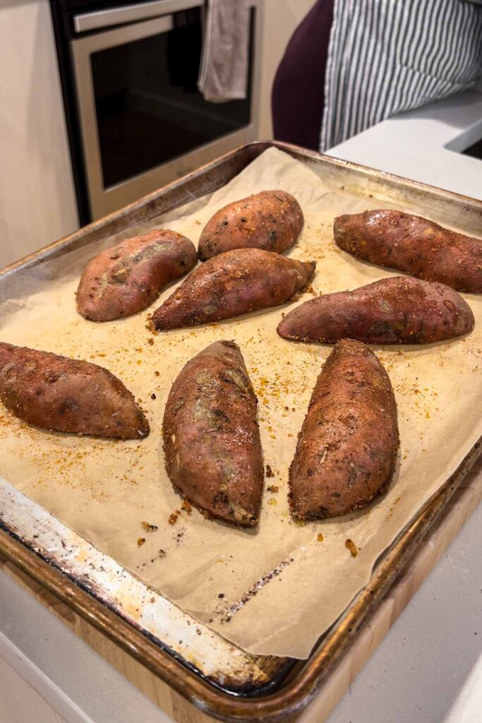 Roasting sweet potatoes.