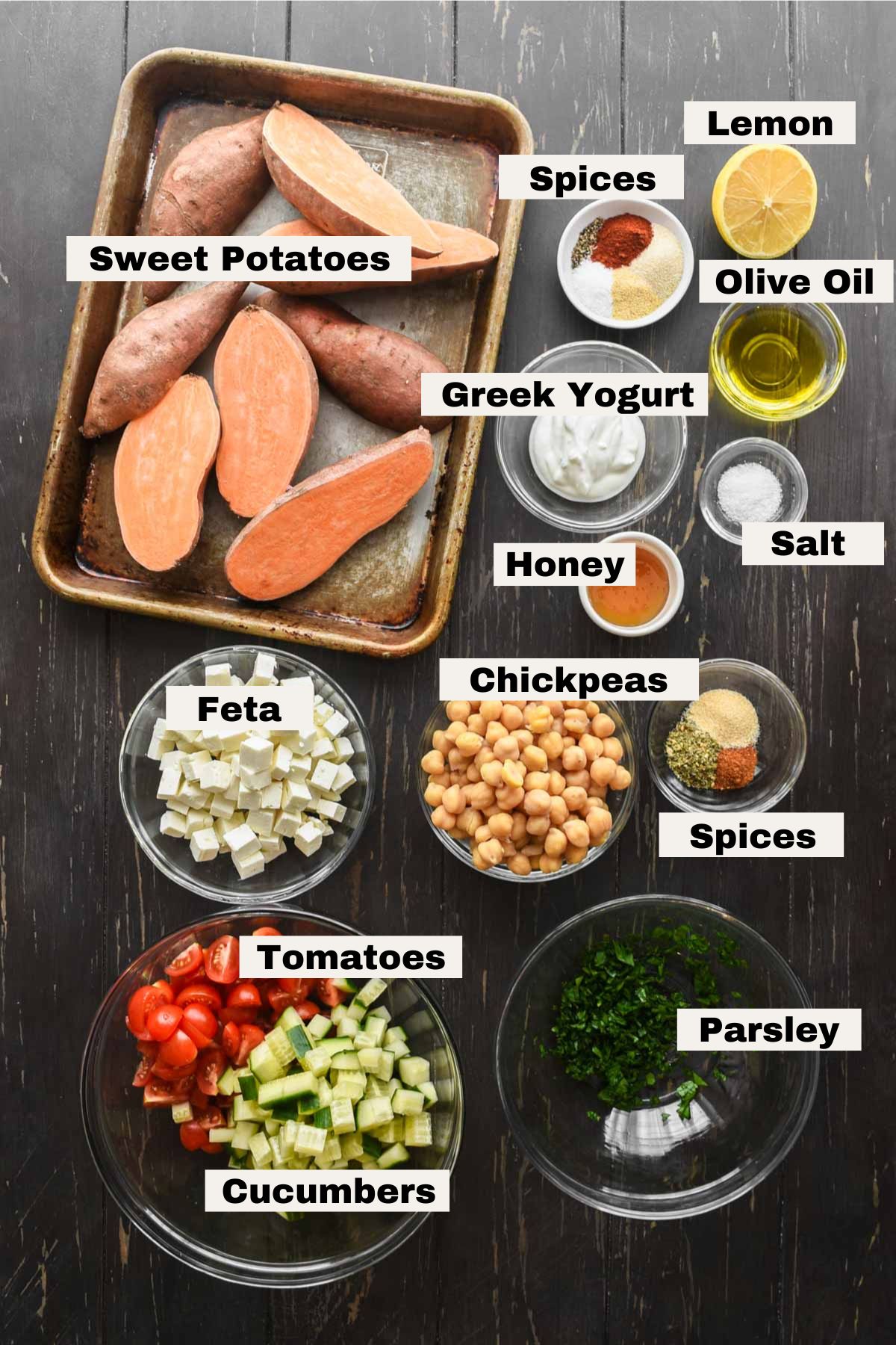 Ingredients for mediterranean sweet potatoes.