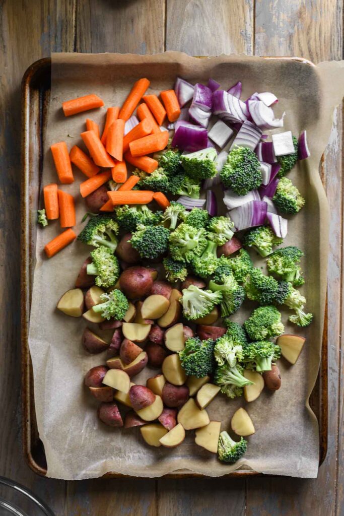 Chopped vegetables and potatoes.