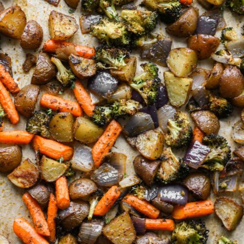 Close up of oven roasted vegetables and potatoes.