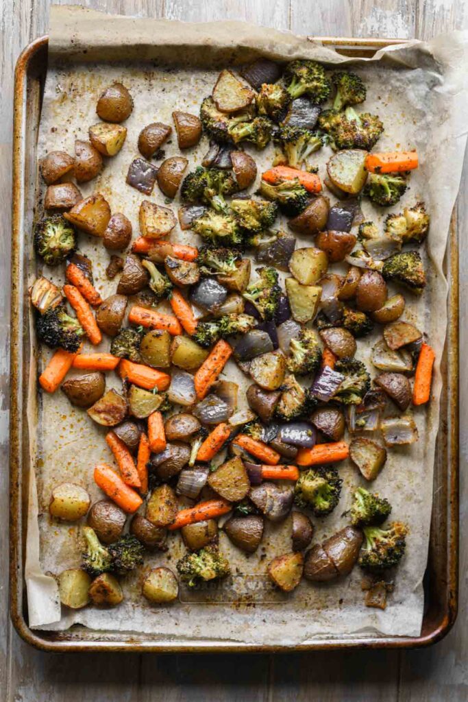 Roasted veg and potatoes with thyme.