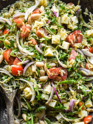 Close up of pasta salad.