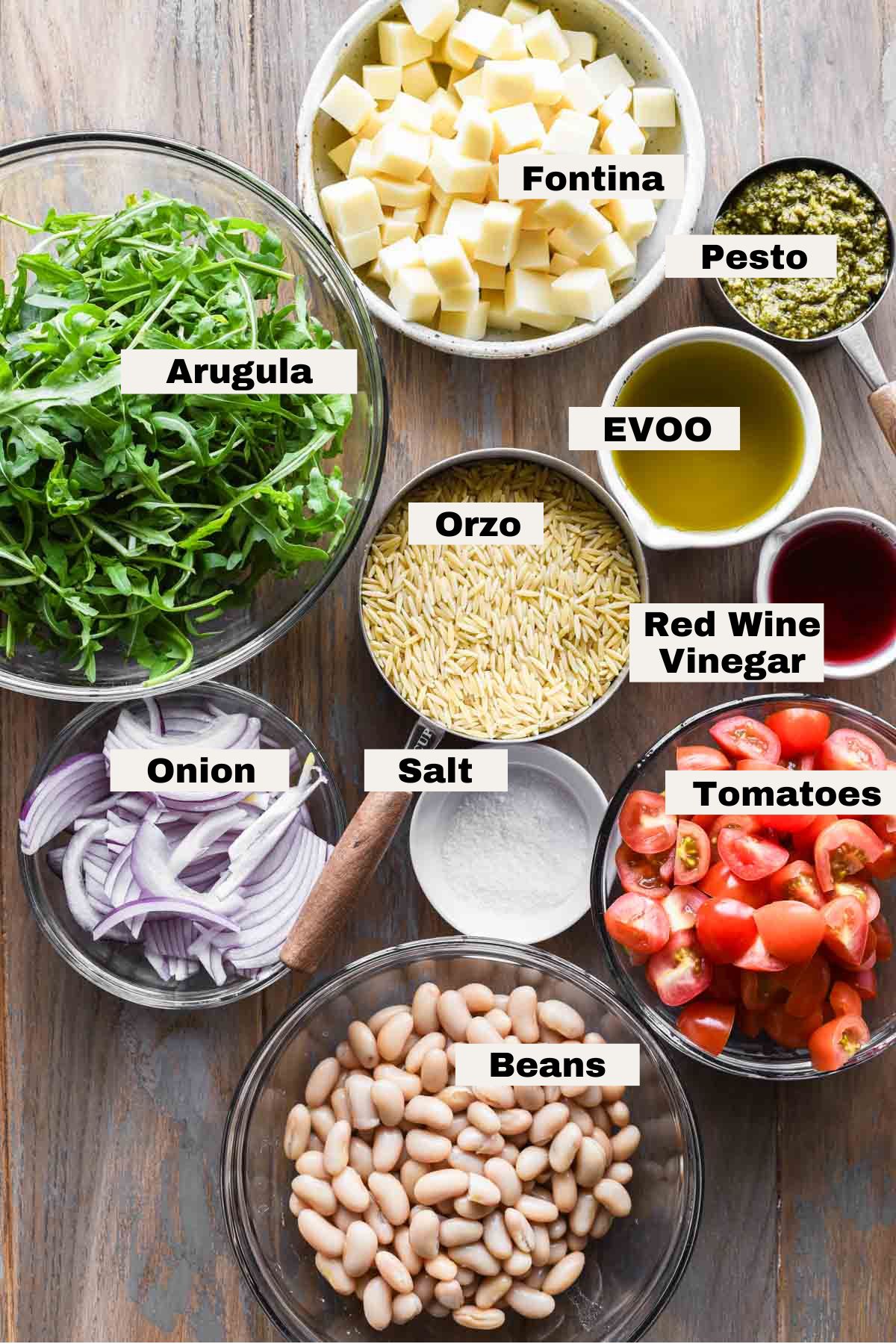 Pesto orzo pasta salad ingredients.