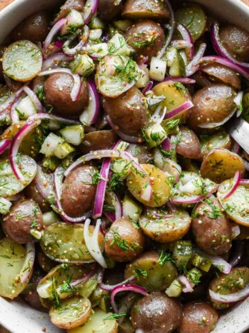 Dill pickle potato salad square image.