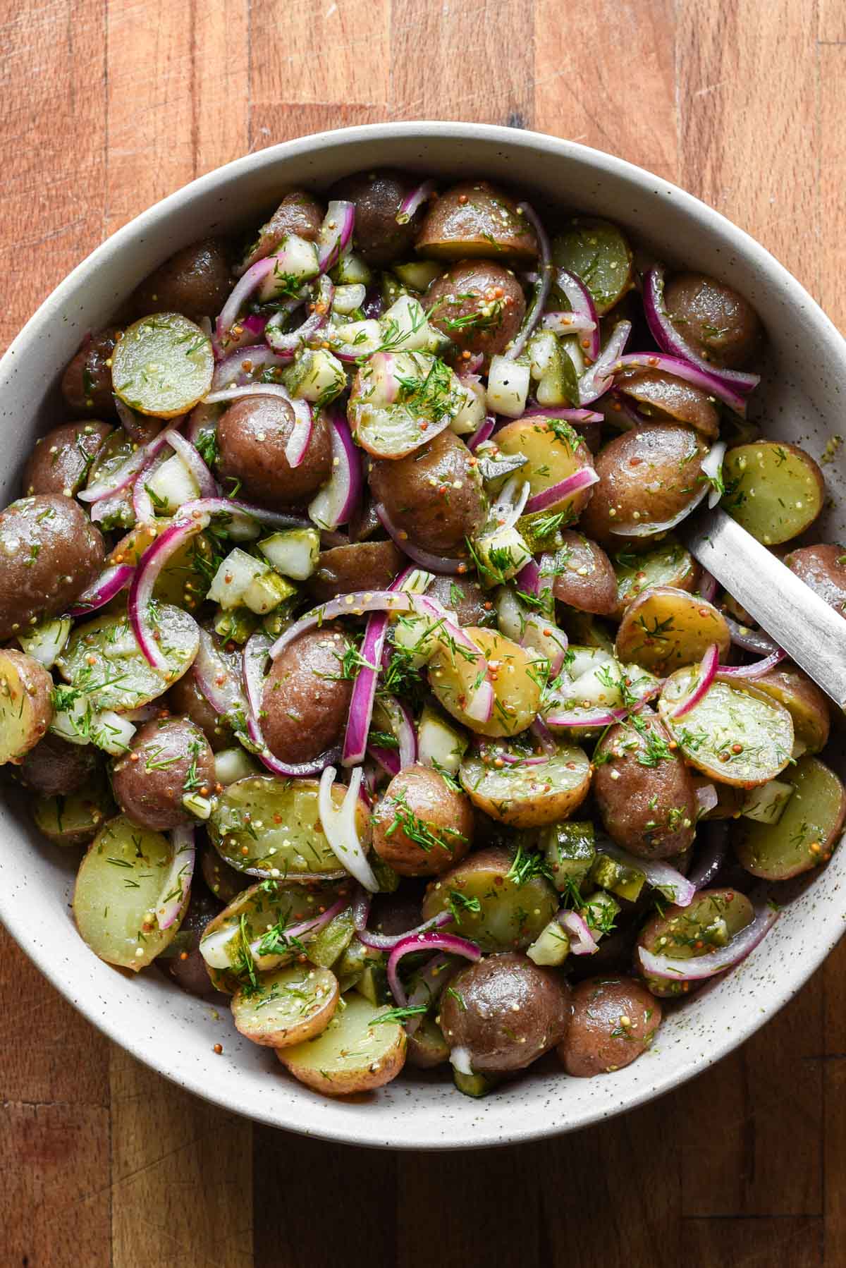 Cropped in image of pickle potato salad.