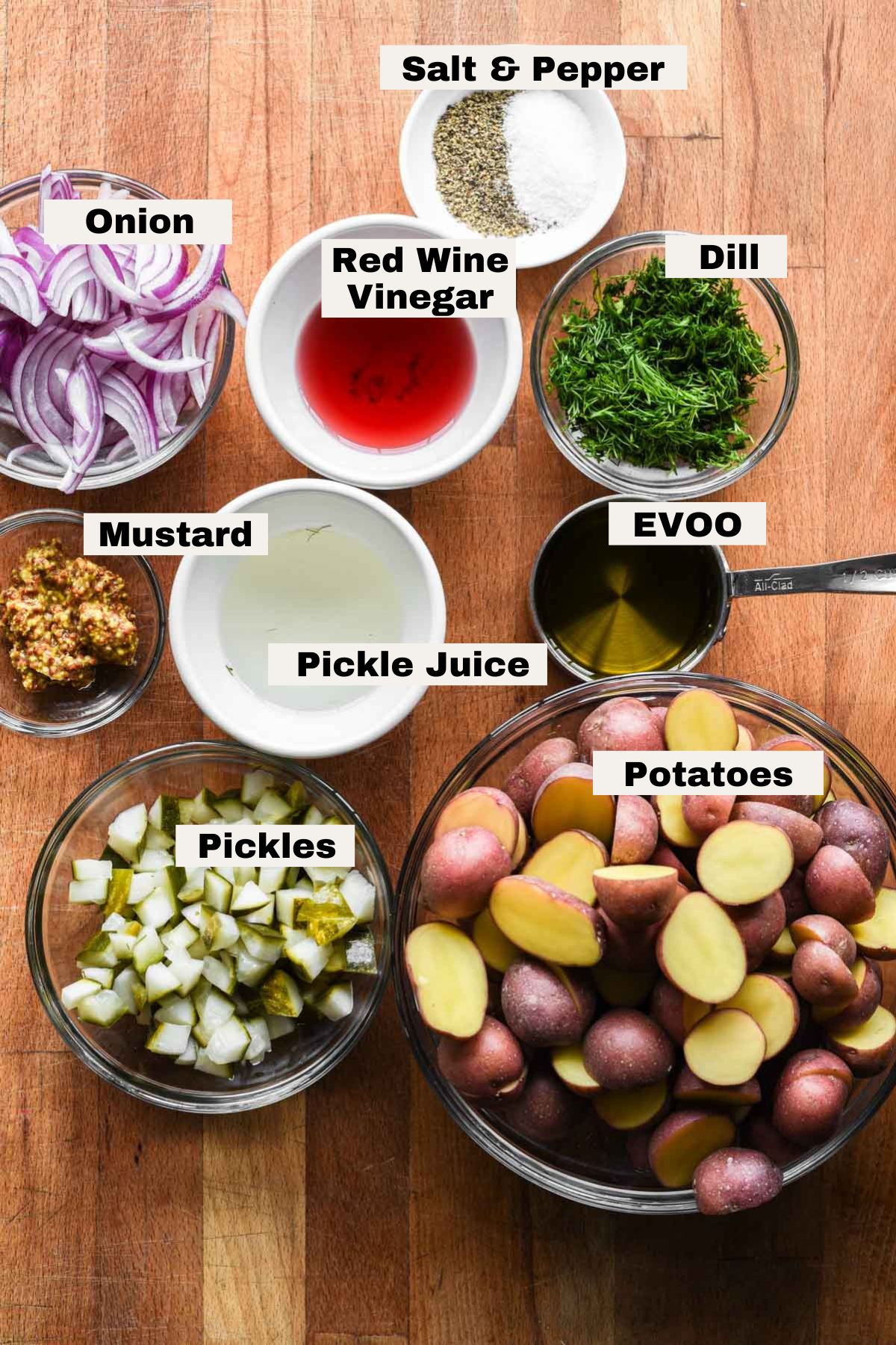 Ingredients needed to make dill pickle potato salad.