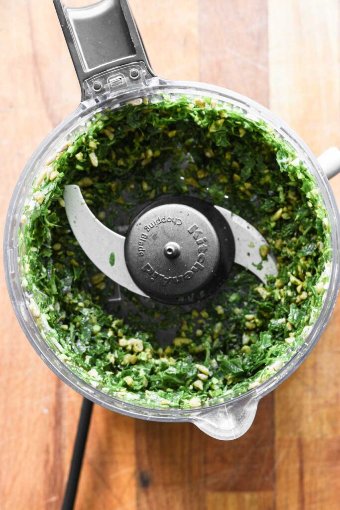 Blended basil, seeds, and garlic.