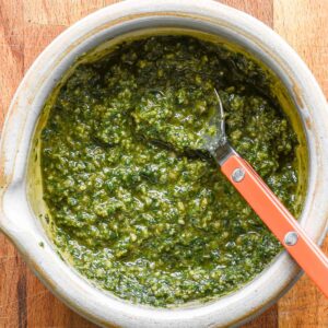 Finished nut free pesto in a bowl.