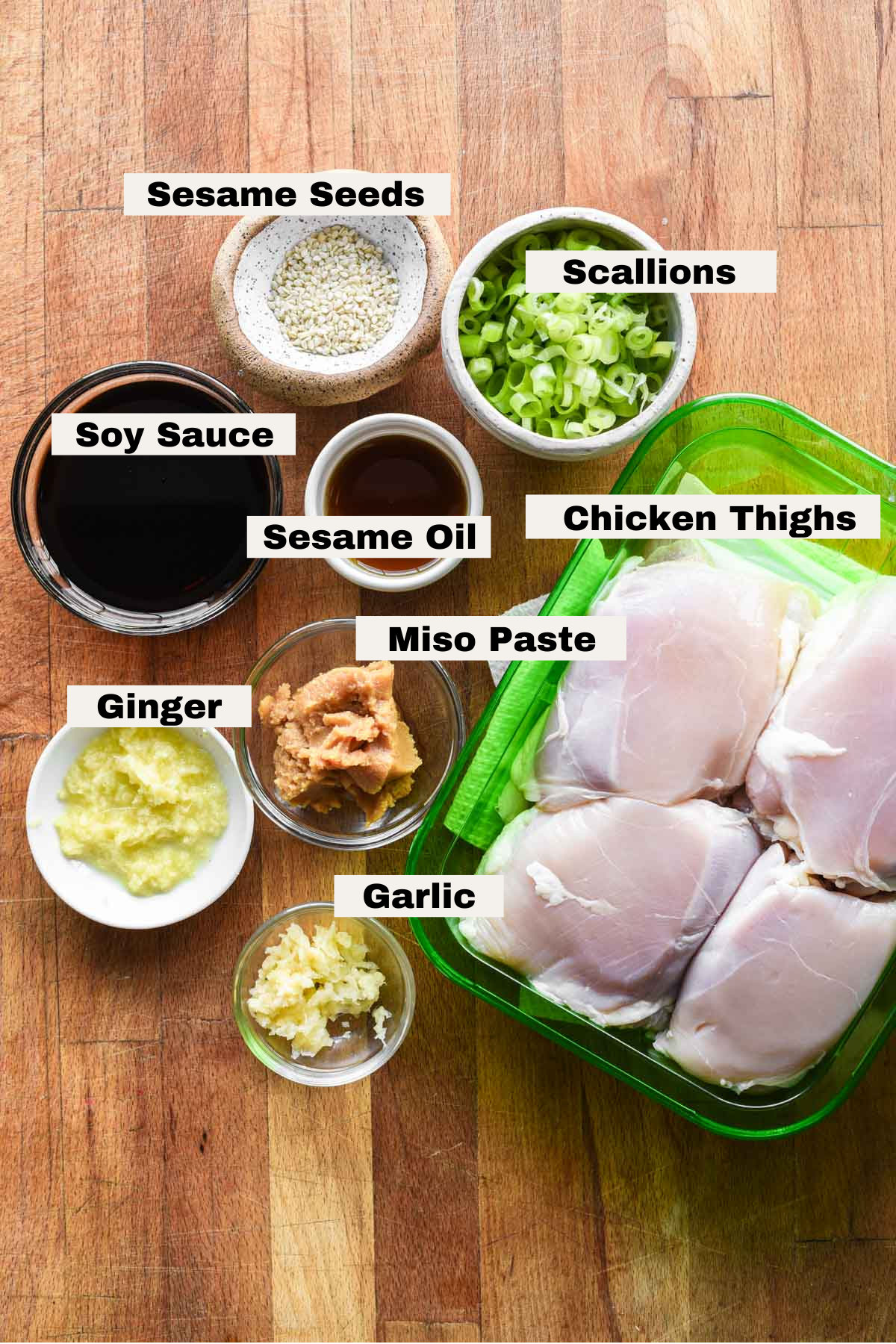 Ingredients for miso chicken thighs.