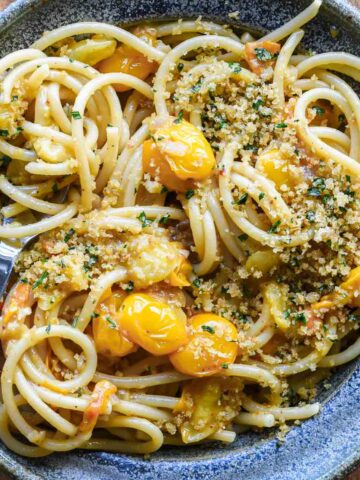 Up close of sungold tomato sauce asta