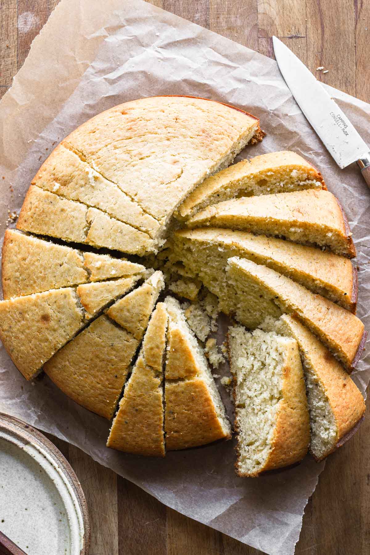Freshly sliced cacio e pepe olive oil cake.