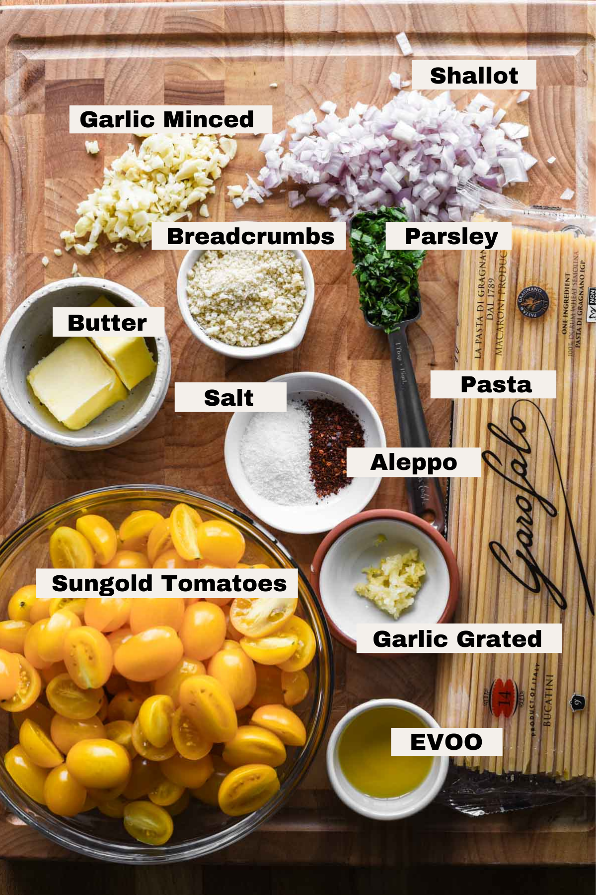 Ingredients for sungold tomato pasta sauce.