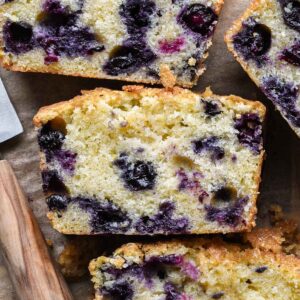 Up close slices of lemon blueberry mascarpone cake.