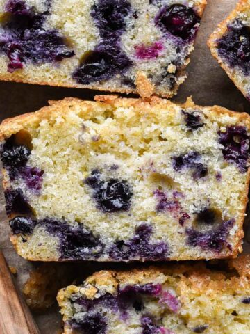 Up close slices of lemon blueberry mascarpone cake.