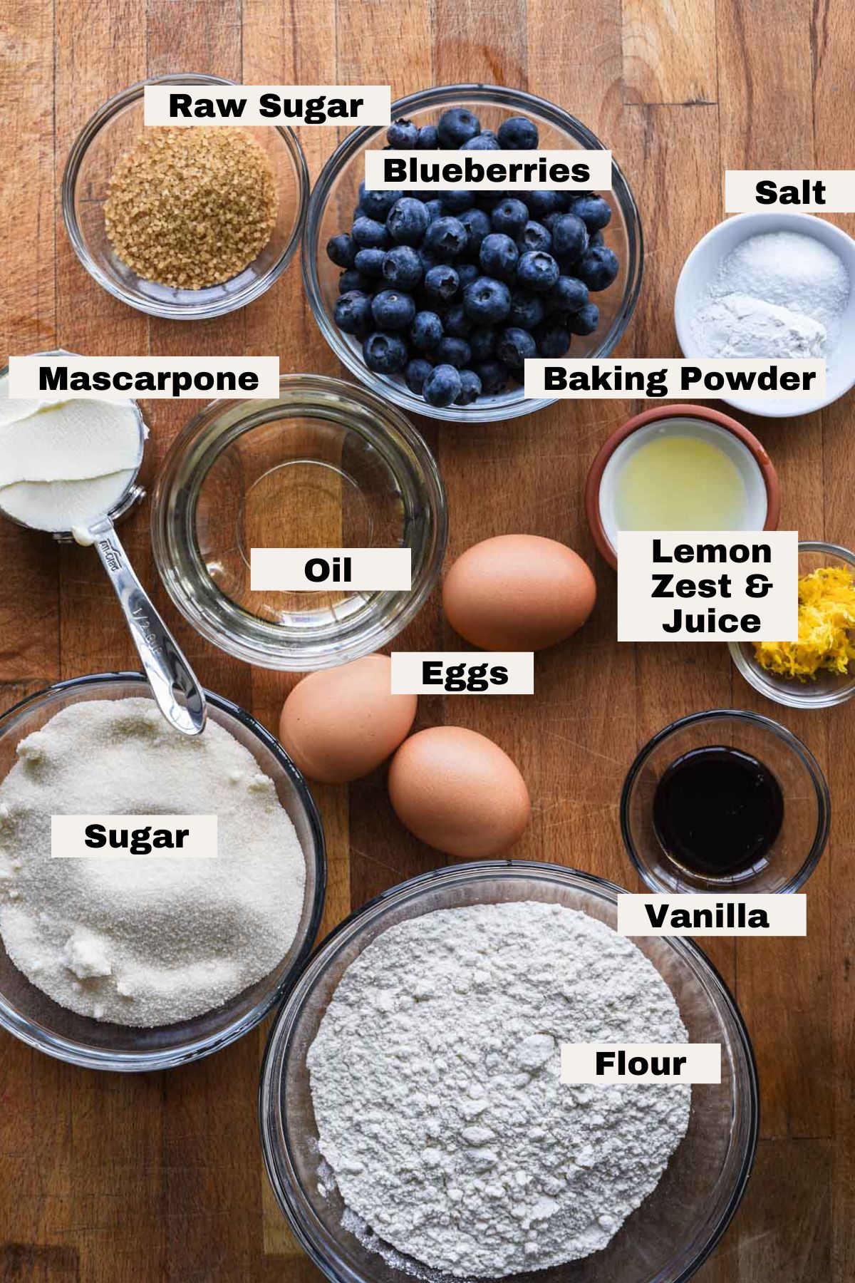 Ingredients for lemon blueberry mascarpone cake.