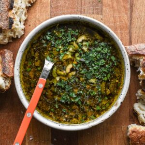 Close up of finished olive oil bread dip.