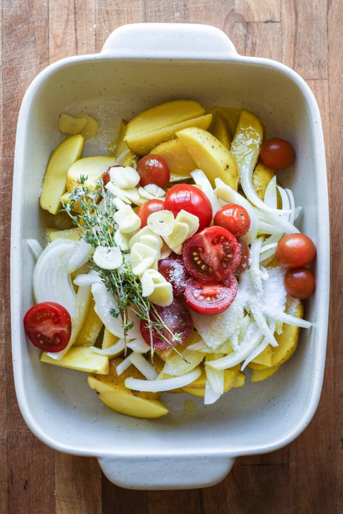 Ingredients in a baking dish.