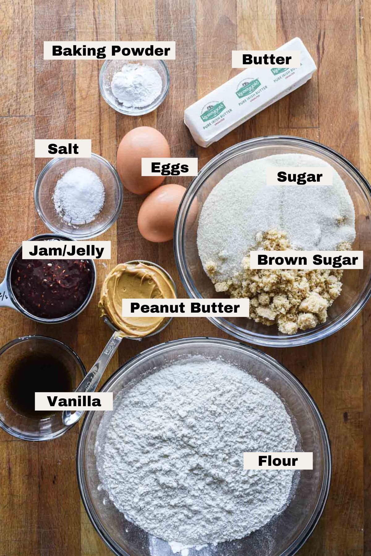 Ingredients for peanut butter and jelly cookies.