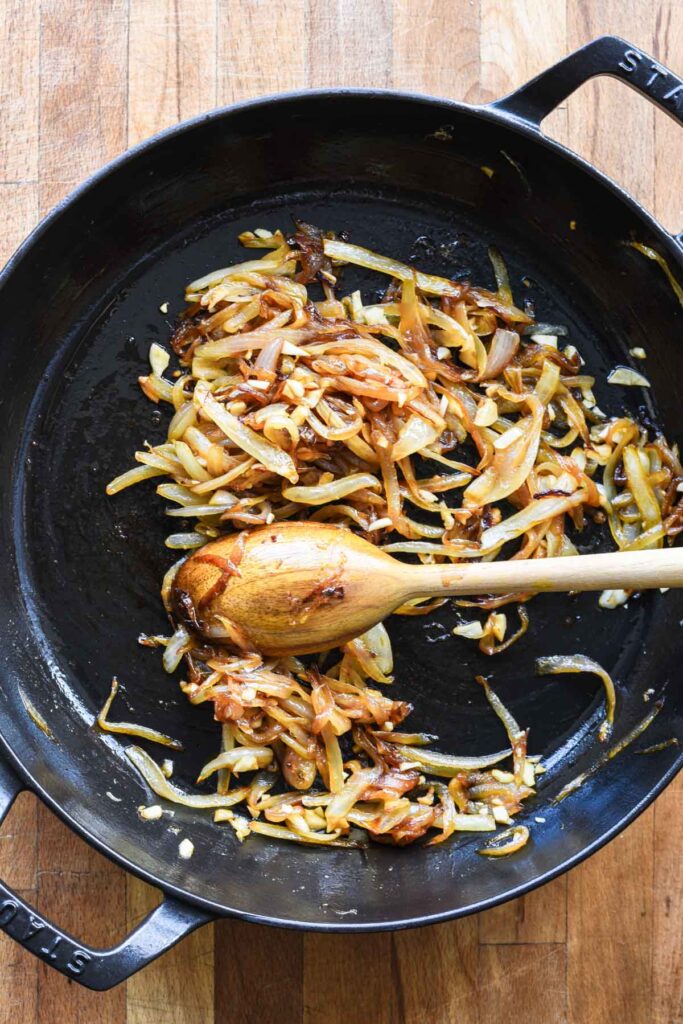 Onions caramelized with garlic and worcestershire.
