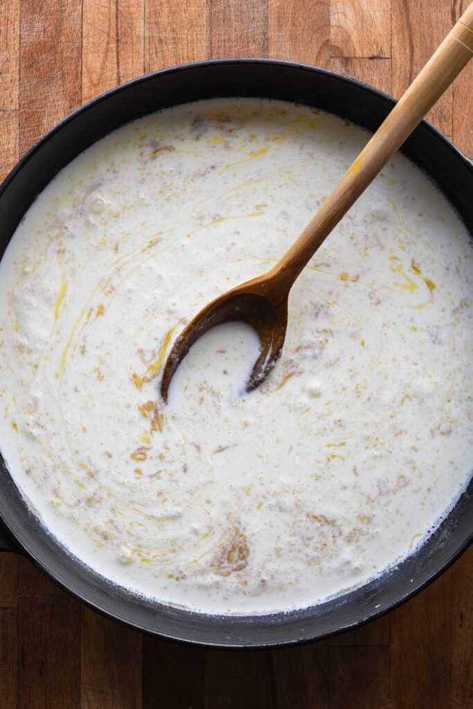 Heavy cream and milk added to the roux.