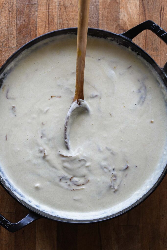 Onions added to cheese sauce.