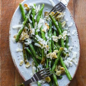 Roasted green beans with parmesan and garlic.