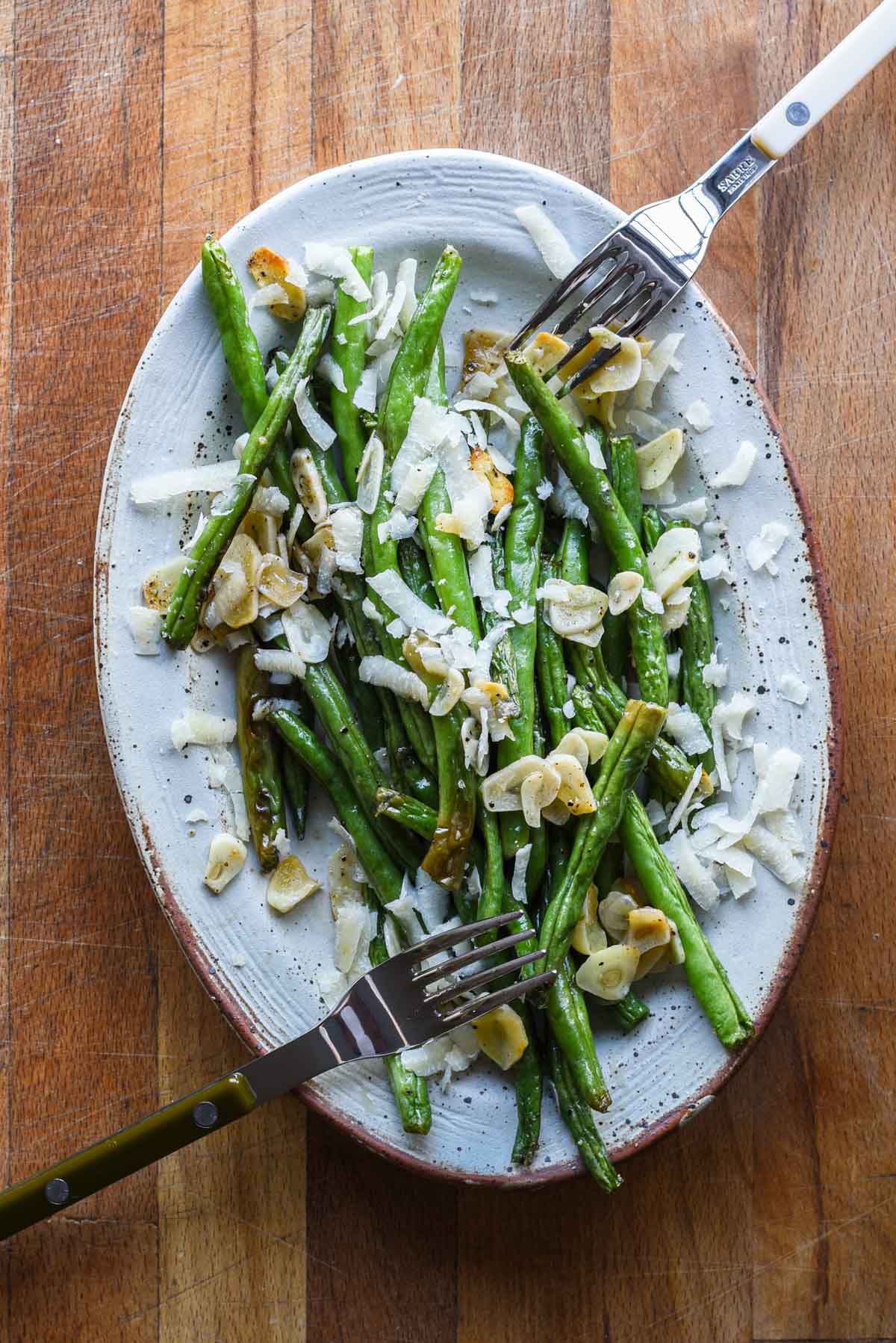 Roasted green beans with garlic and parmesan.