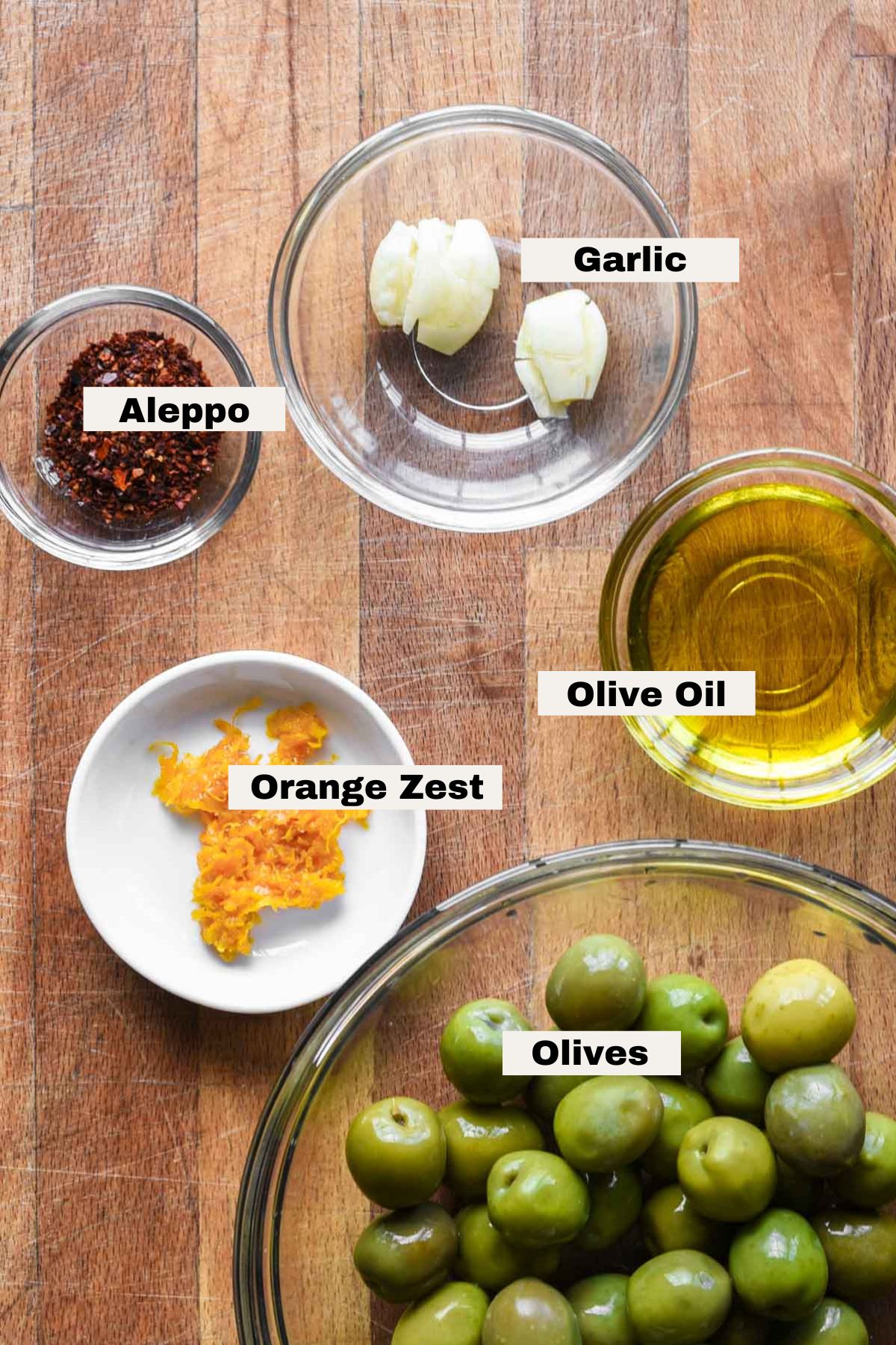 Ingredients for marinated green olives.