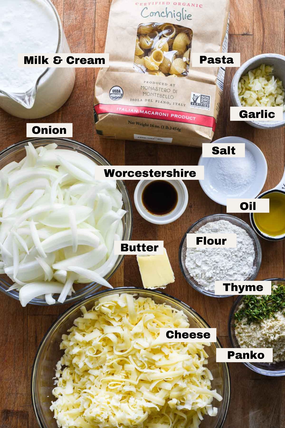 Ingredients for french onion mac and cheese.